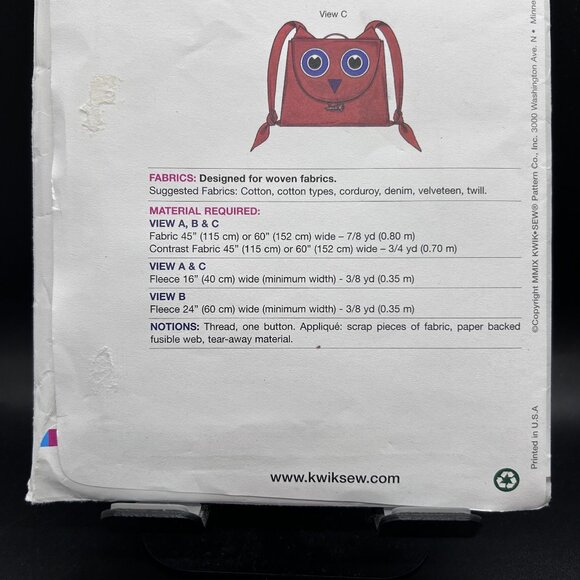 Kwik Sew 3687 “Animal Back Packs” (14” x 11”) Sewing Pattern Uncut FF - Picture 4 of 5